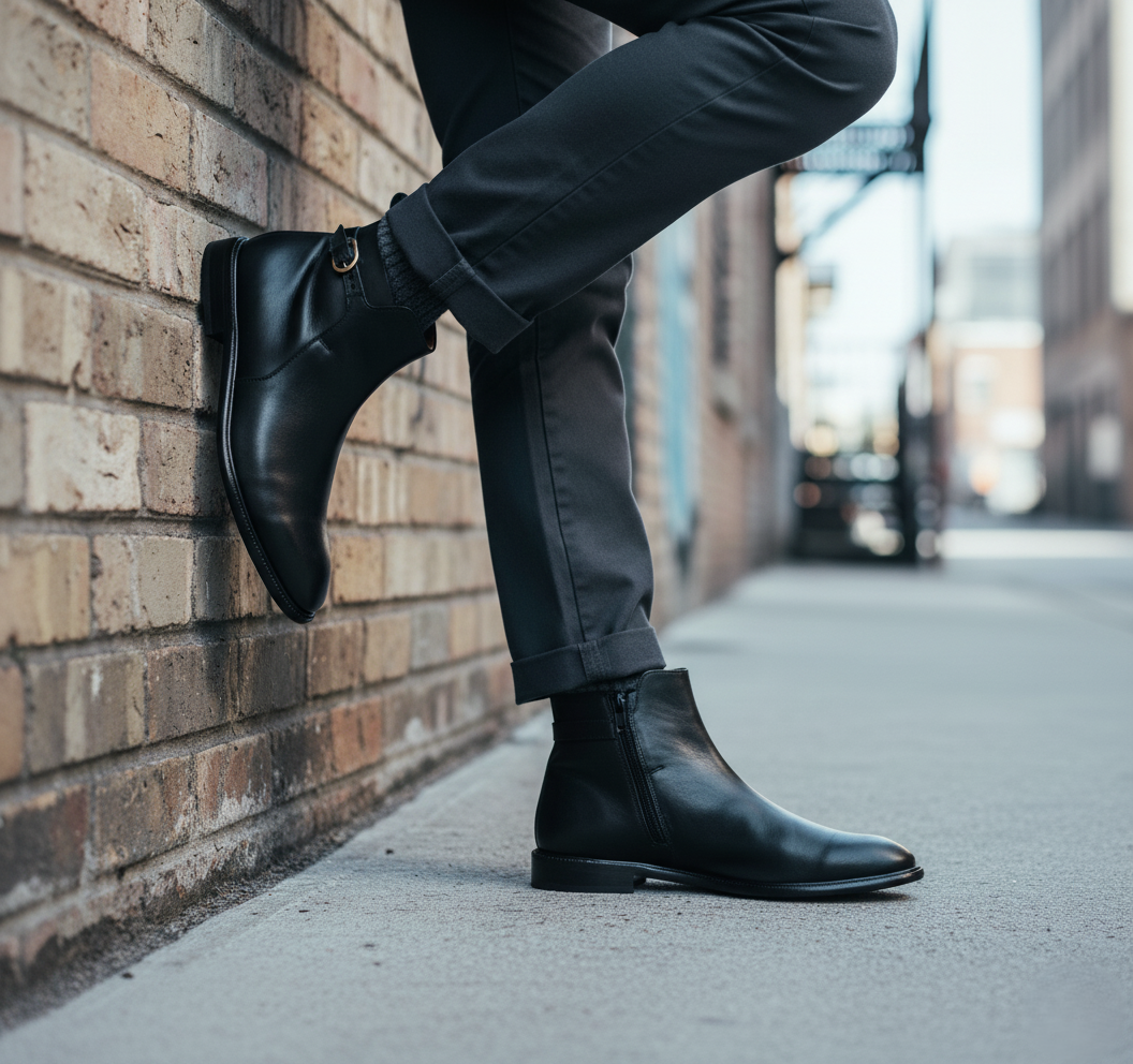 Bota 1212 Caballero Becerro Negro Suela Cuero