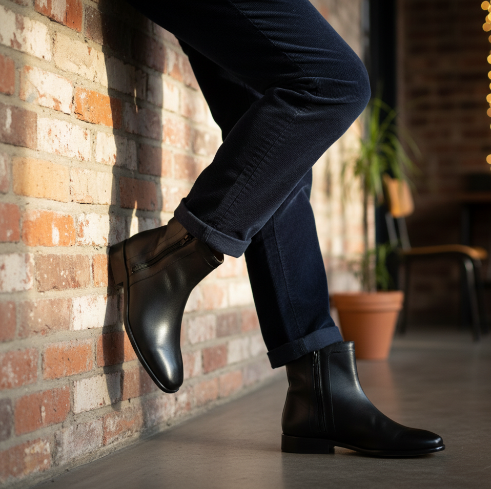 Bota 5702 Caballero Becerro Negro Suela Cuero