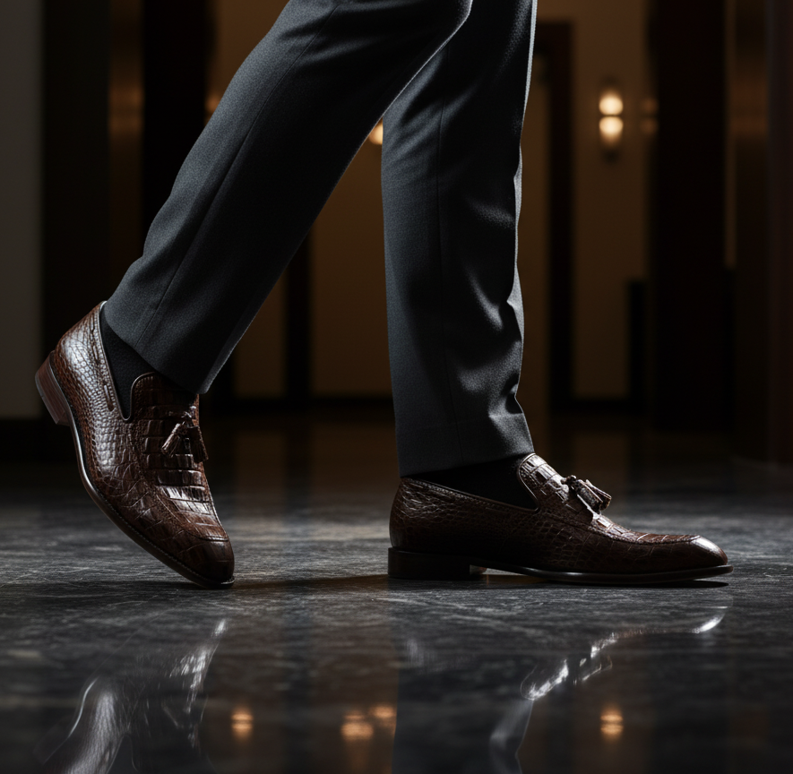 Zapato 1036 Caballero Res Grabada Caimán Café Suela Cuero XL