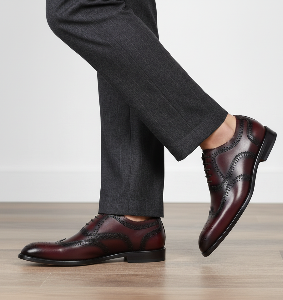 Zapato 1038 Caballero Becerro Vino Sombreado Suela Cuero XL