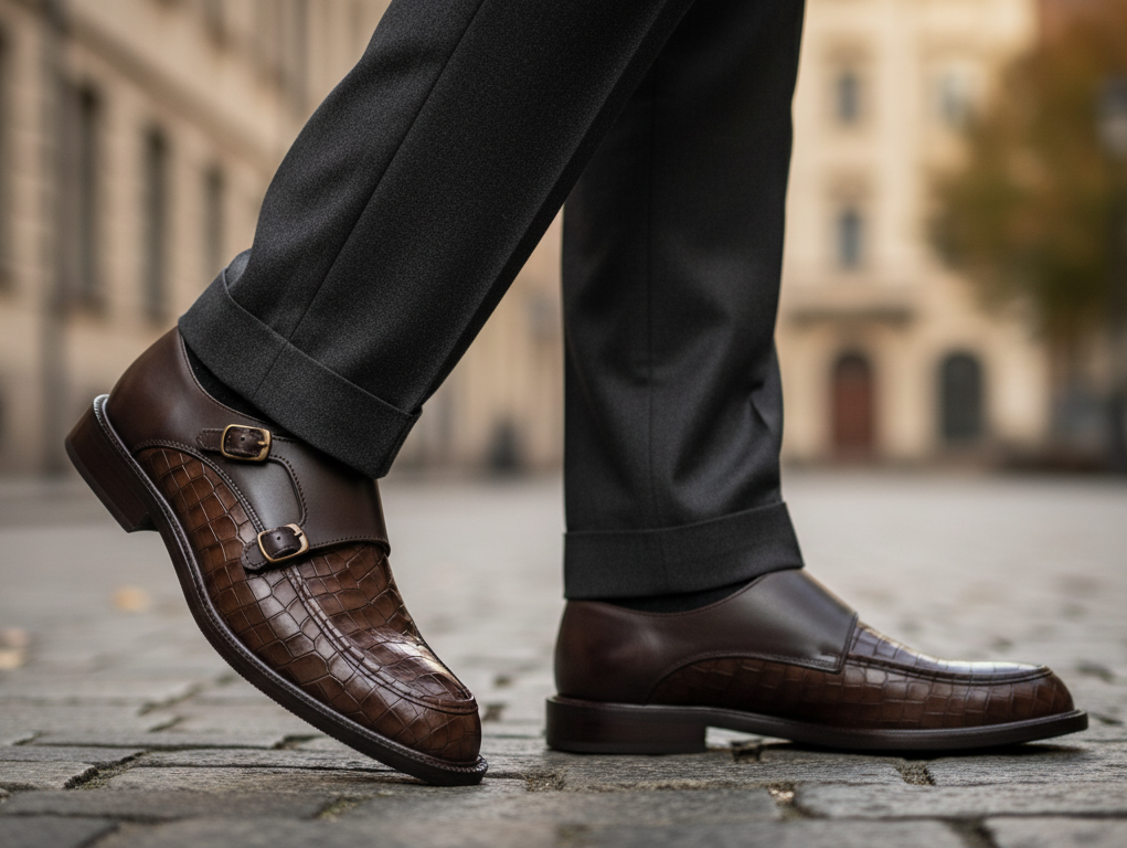 Zapato 1327 Caballero Res Grabada Lagarto Café Becerro Bordeux Suela Cuero Injerto