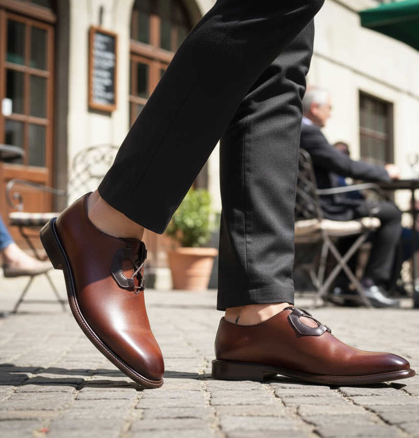 Zapato 1213 Caballero Becerro Café Capuchino/Bordeux Suela Cuero