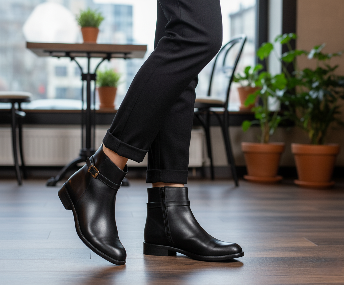 Bota 1017 Dama Becerro Negro Suela Cuero Injerto