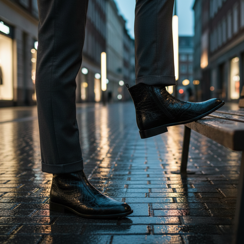 Bota 1021 Caballero Res Grabada Lagarto Negro Suela Cuero Injerto