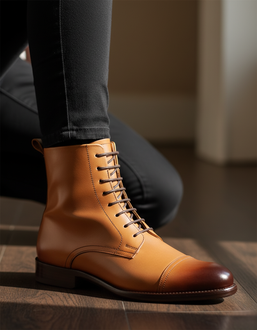 Bota 1021 Dama Becerro Miel Suela Cuero Injerto