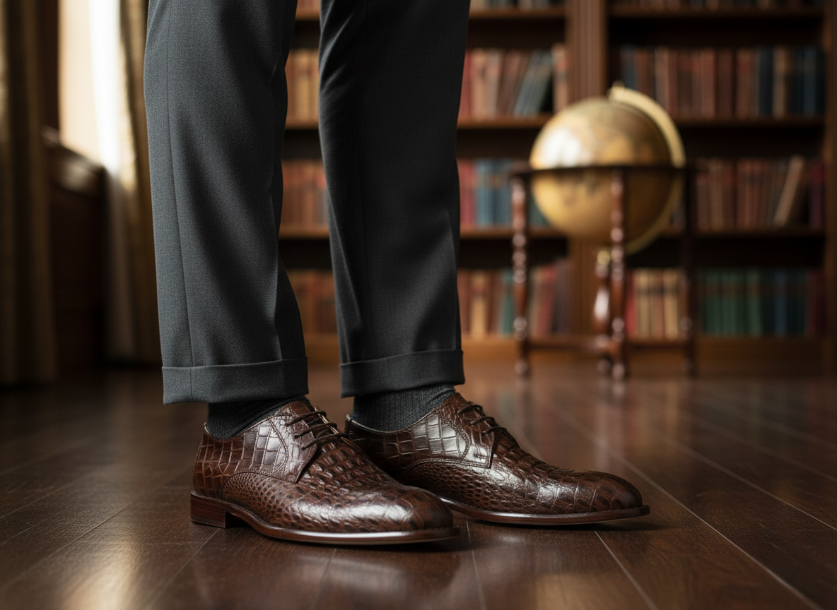 Zapato 1115 Caballero Res Grabada Caiman Café Suela Cuero