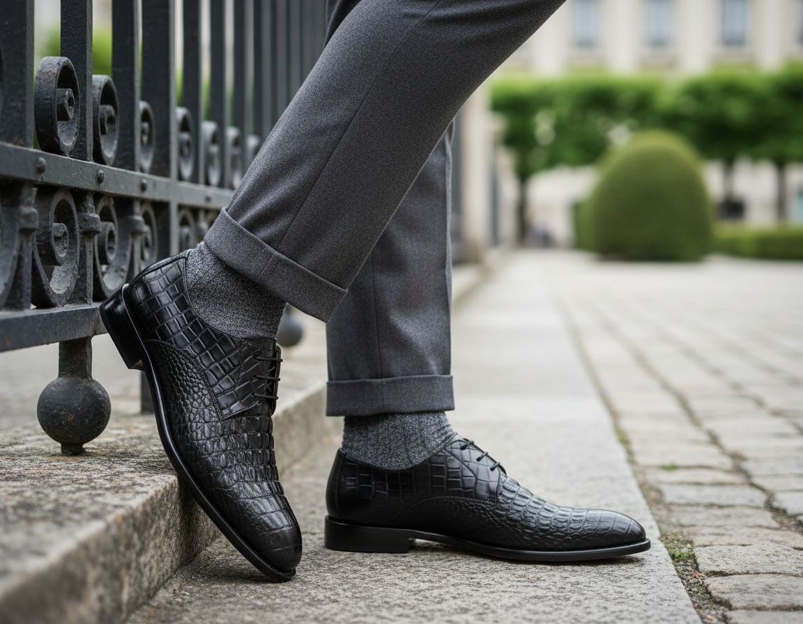 Zapato 1115 Caballero Res Grabada Caiman Negro Suela Cuero